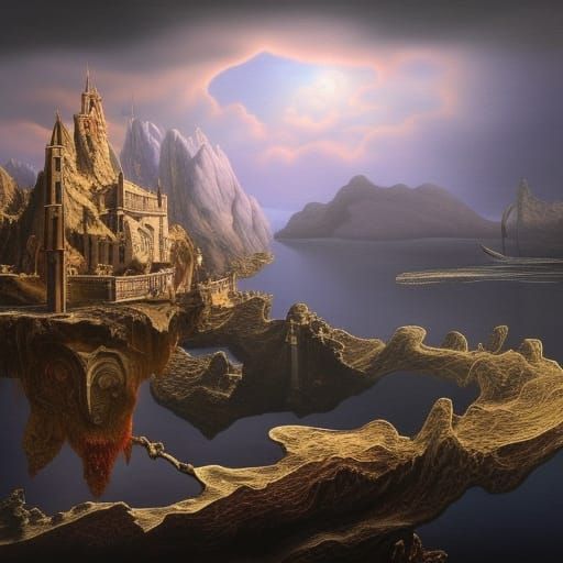 Surreal Castle Landscape in Art Nouveau Style