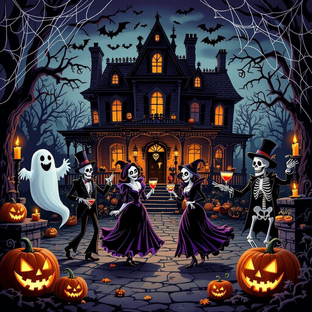 Spooky Halloween Party in Haunted Mansion in Cartoon Style