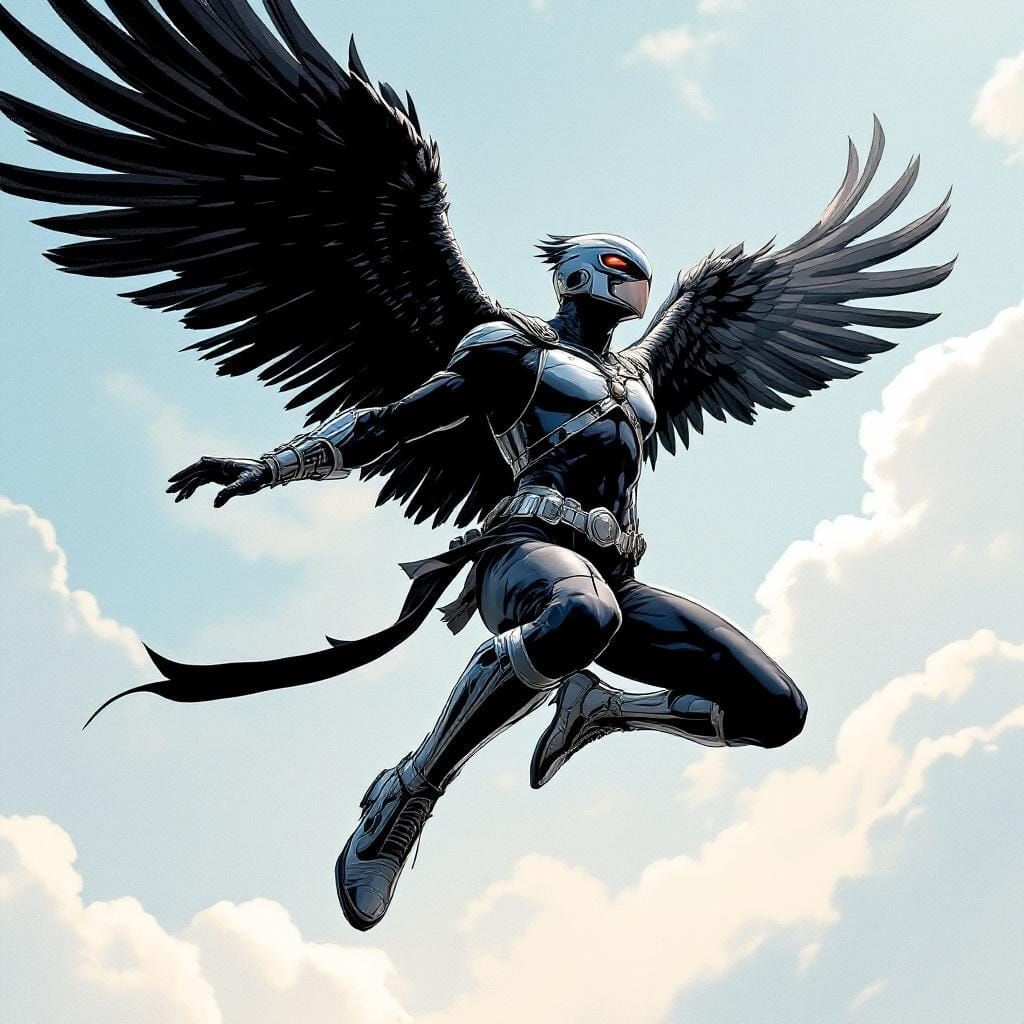 Winged Superhero Flies Upward in Comic Book Style