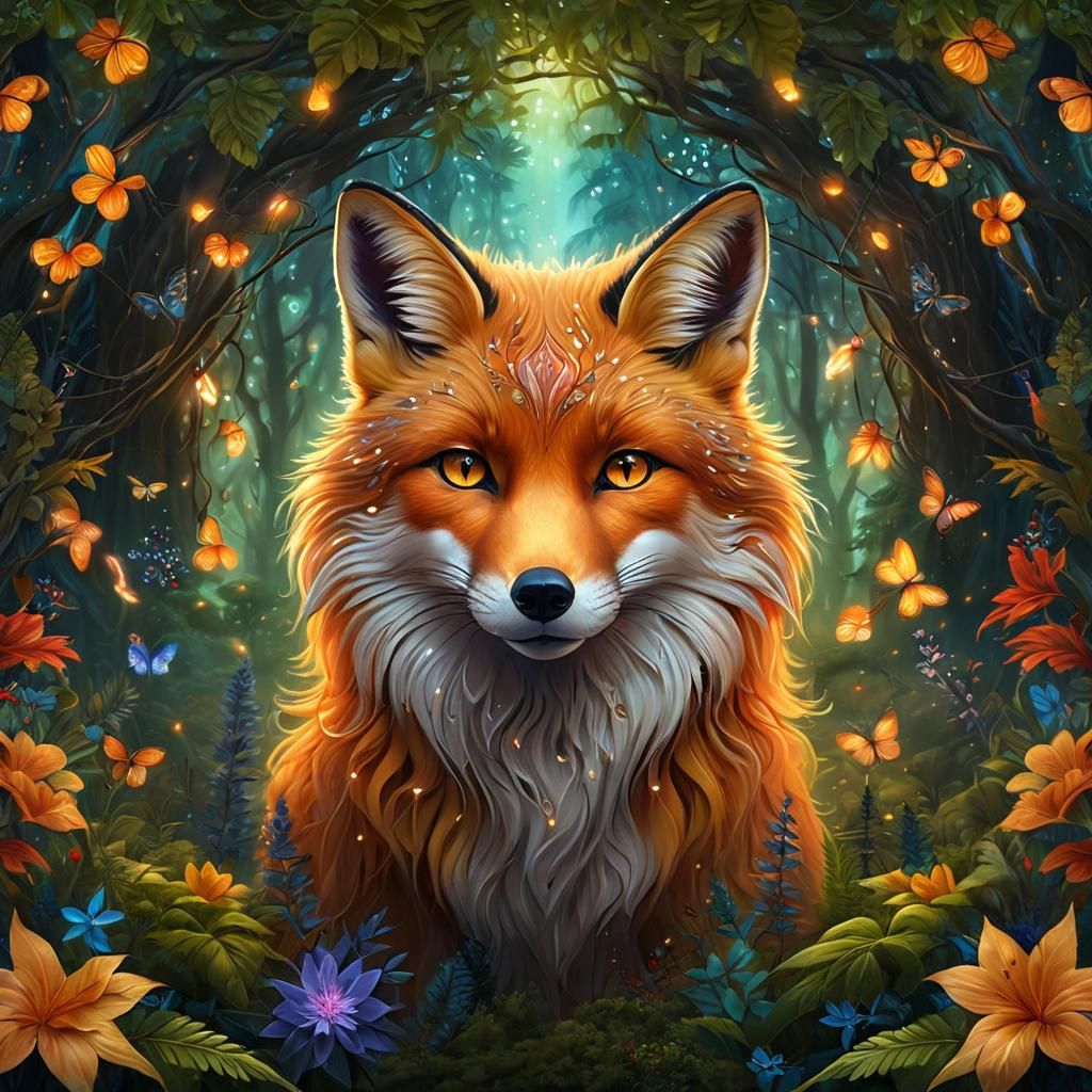 Mystical Fox in Tropical Forest, Digital Art