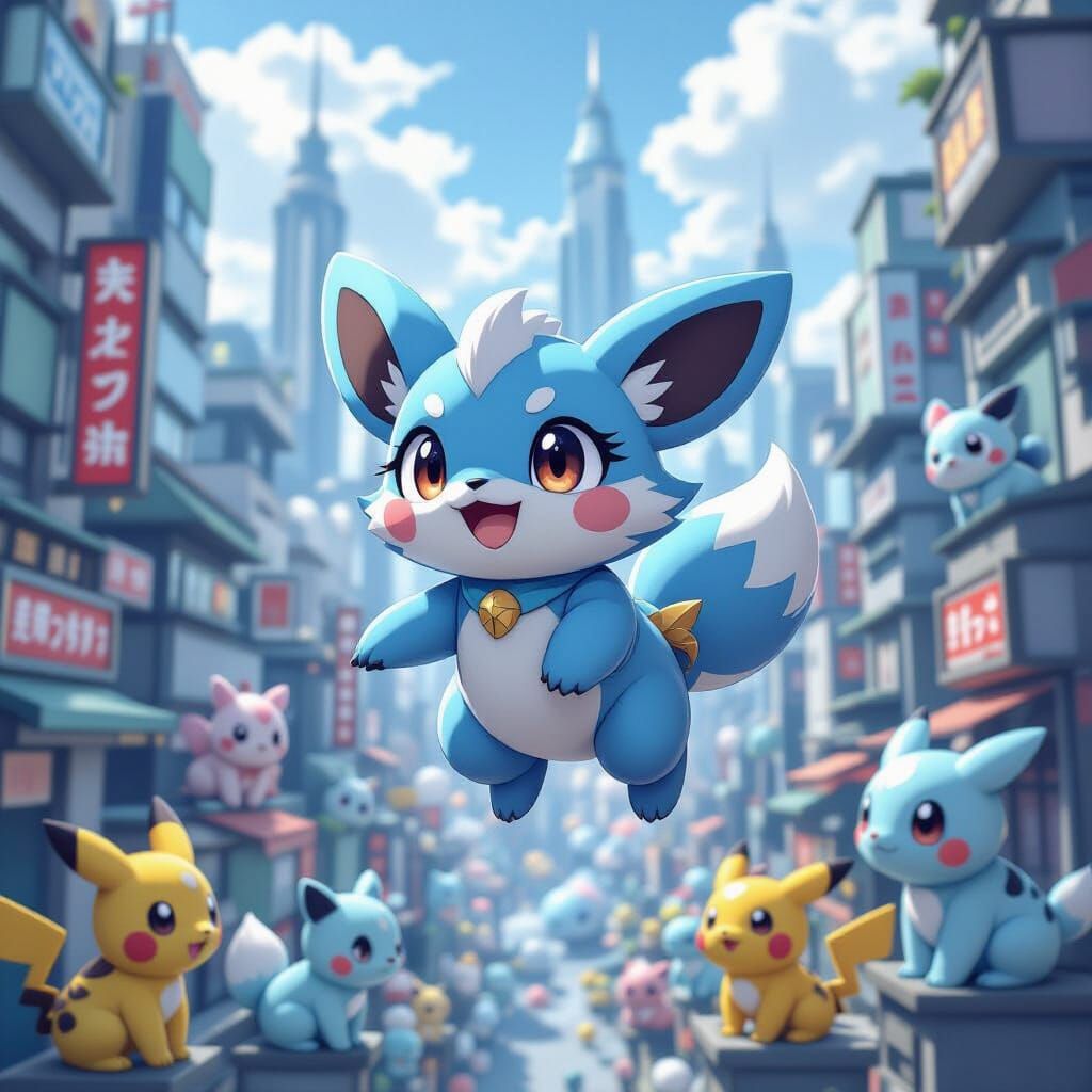 Komala Flies Through Futuristic City, Admired by Pokemon