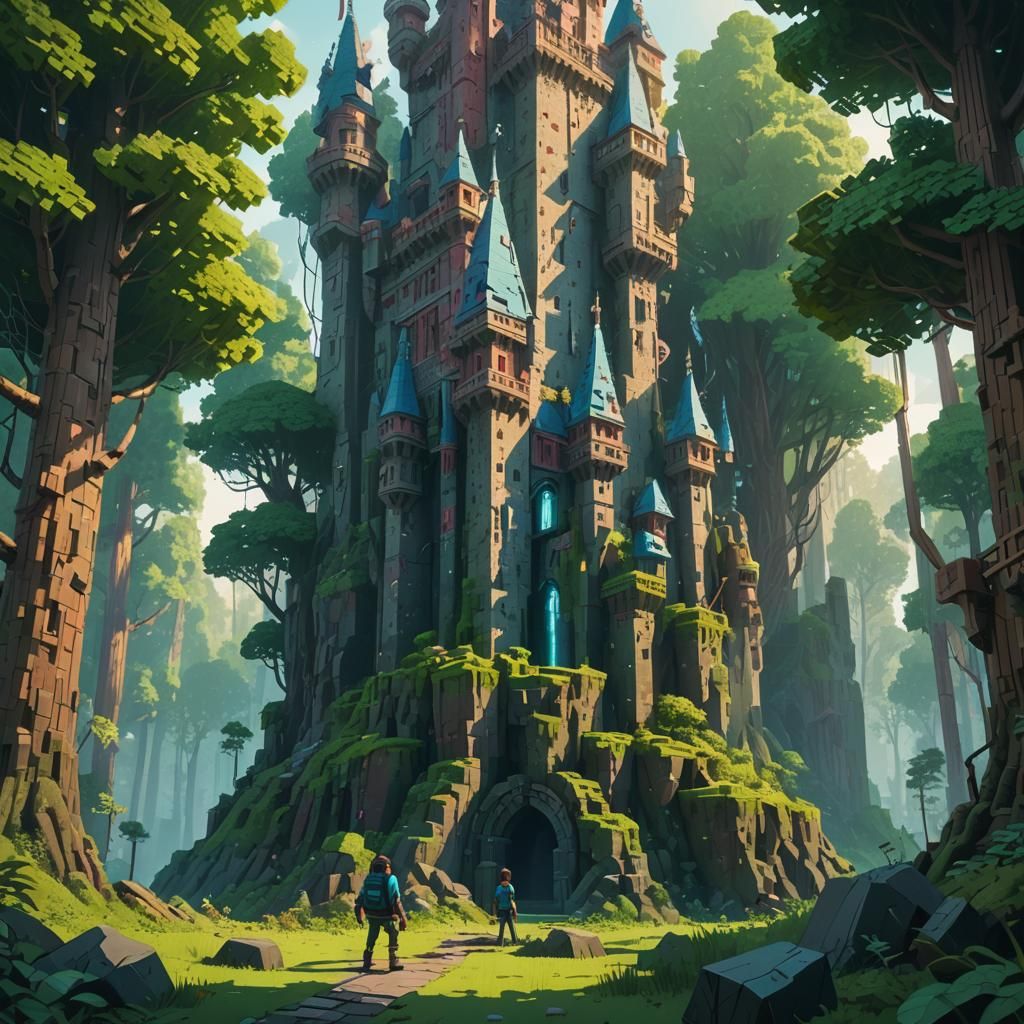 Minecraft Castle in Lush Forest, Detailed Matte Painting
