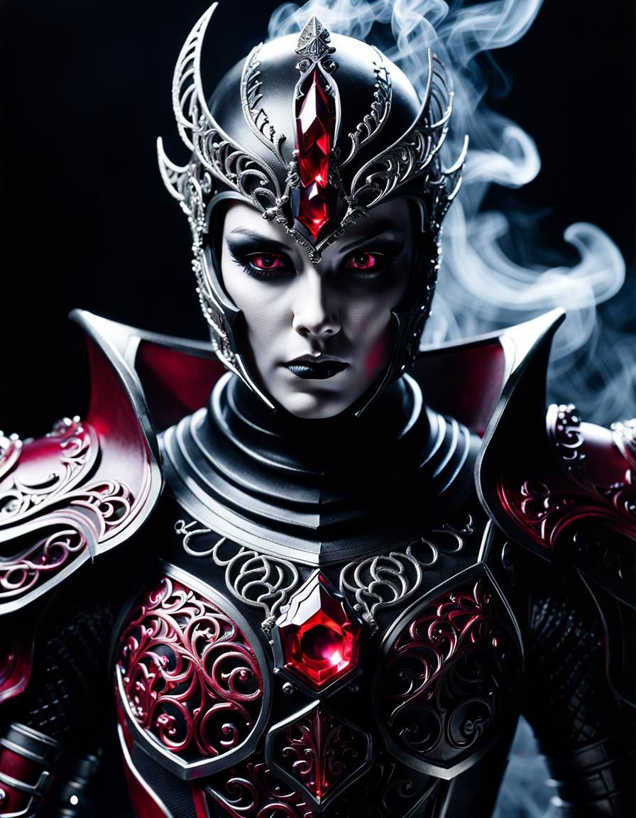 Vampiress in Obsidian Ruby Armor: Hyperrealistic Dark Fantas...