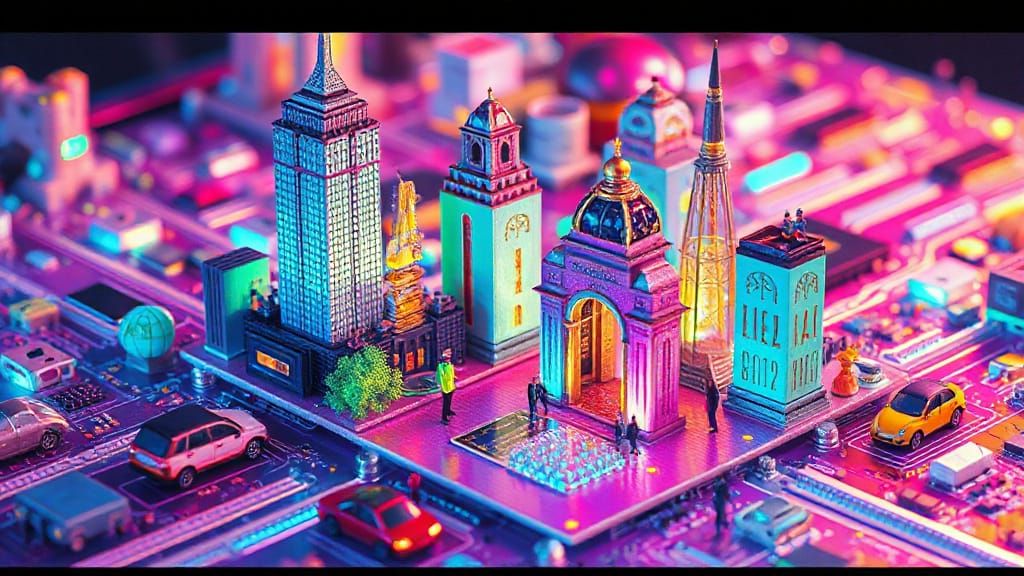 Iridescent Cityscape Inside a CPU, Surrealist Style