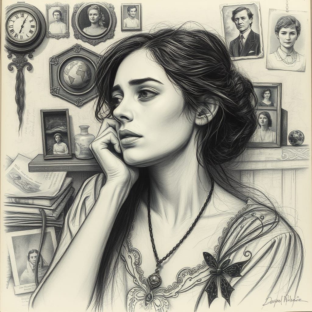 Contemplative Woman in Charcoal Drawing Style