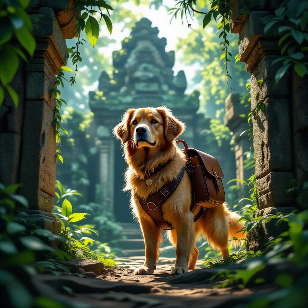 Golden Retriever Adventurer at Hidden Temple Entrance