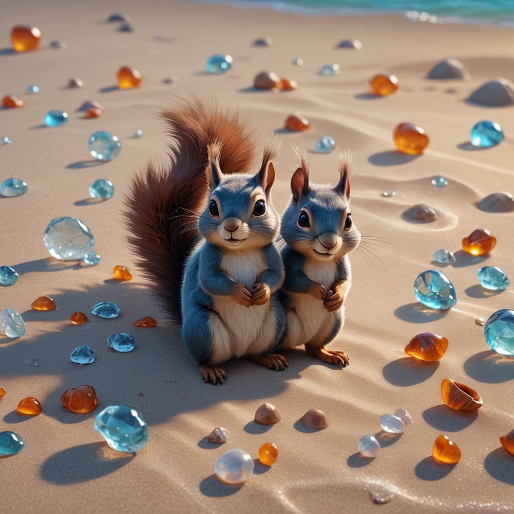 Cute Crystal Squirrel on the Beach: 3D Digital Art