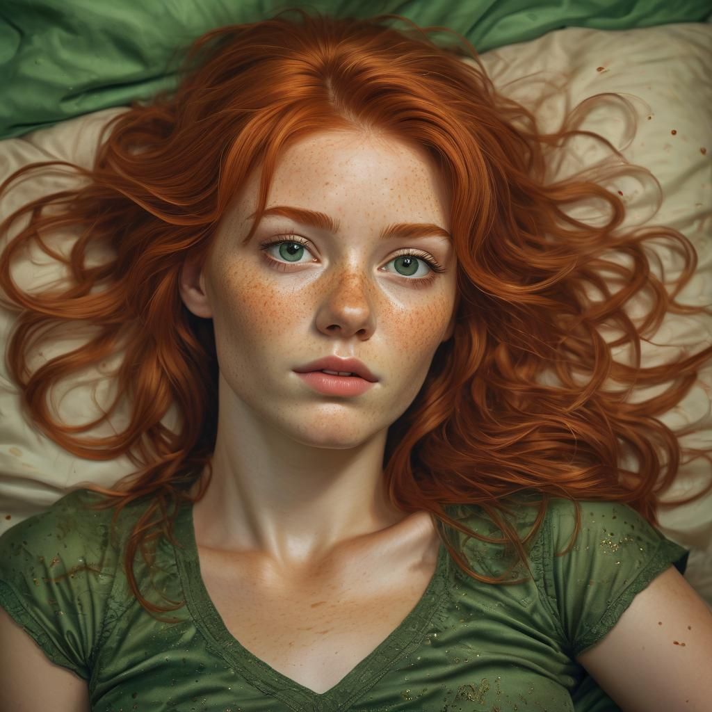Redhead in Green Dress: Hyperrealistic Digital Painting