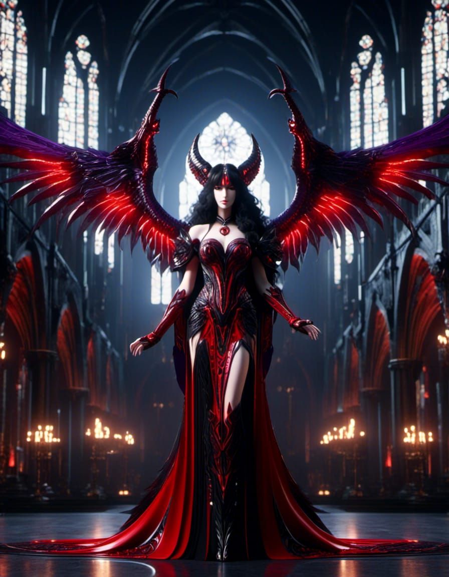 Anime 2D Symmetrical female, winged, horned demon sorceress, in cathedral, red, black with purple 16K Resolution <lora:M...