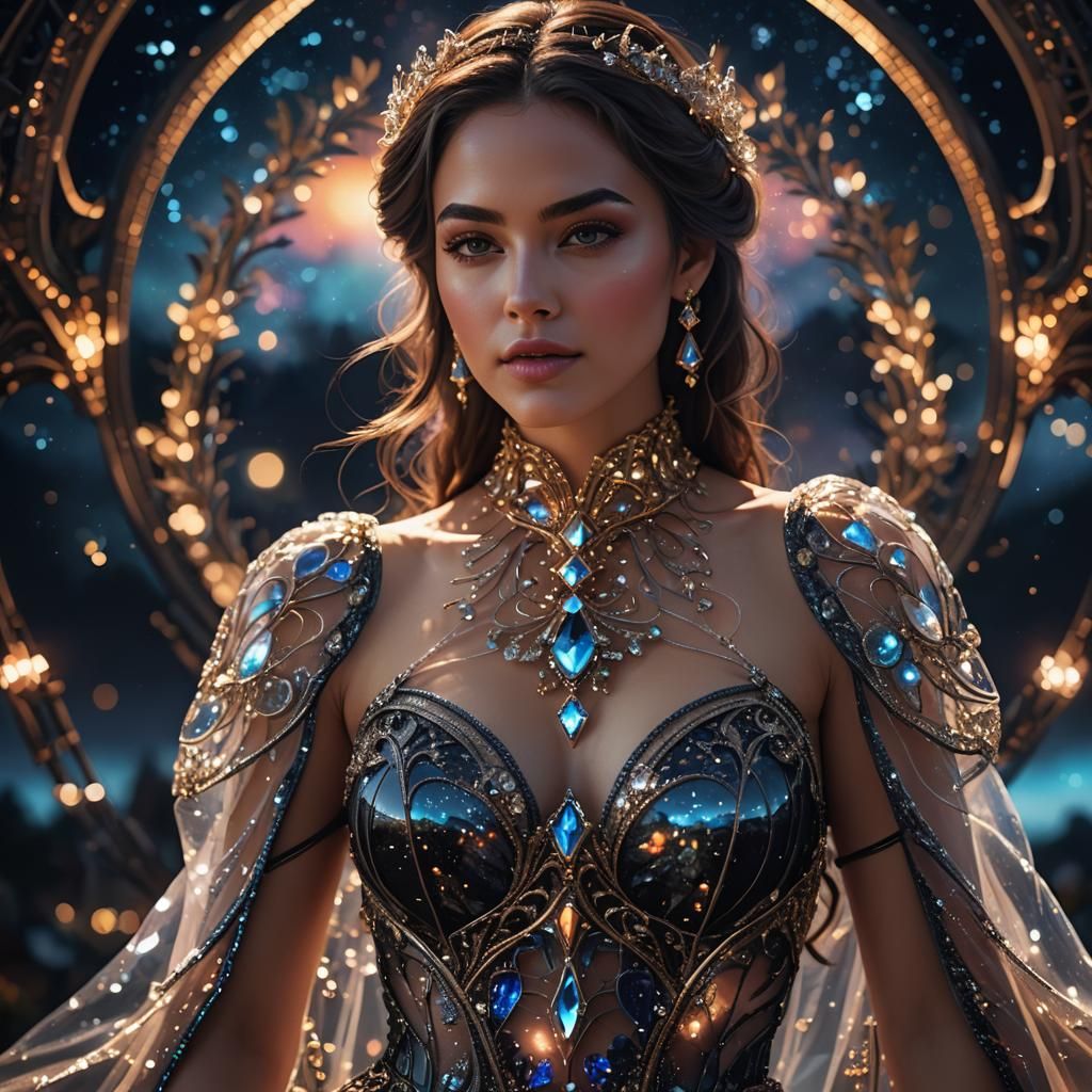 Woman in Glass Dress Against Night Sky