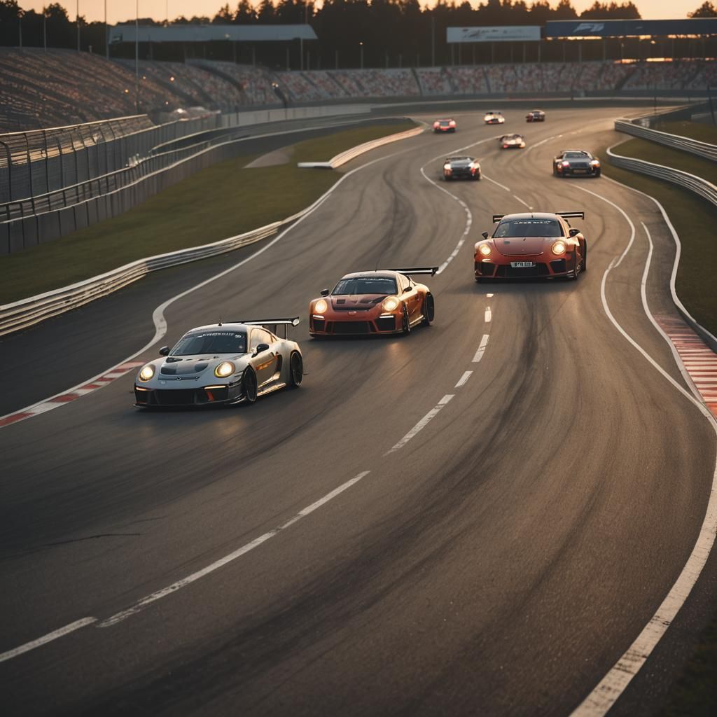 GT3 Cars Speeding Around Racetrack at Dusk