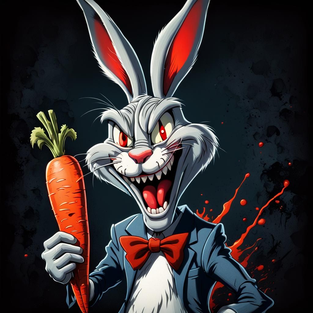 Horror Bugs Bunny Caricature in Dark Forest