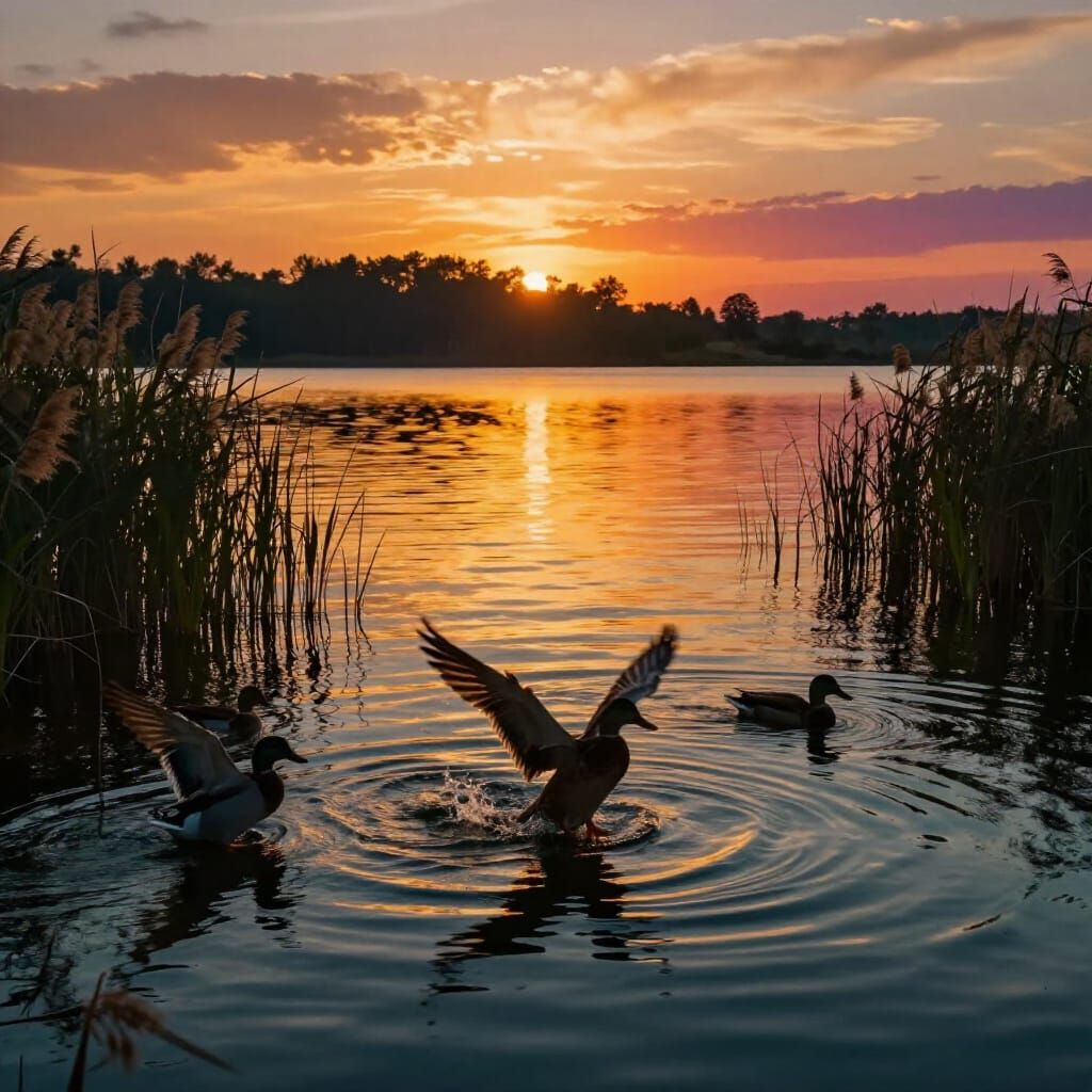 Sunset Over Lake with Ducks Landing