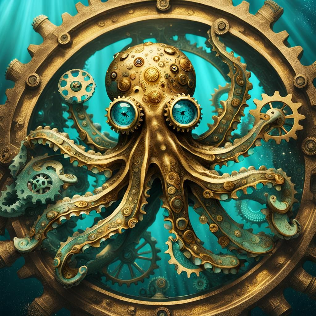 Steampunk Clockwork Octopus Underwater in Brass