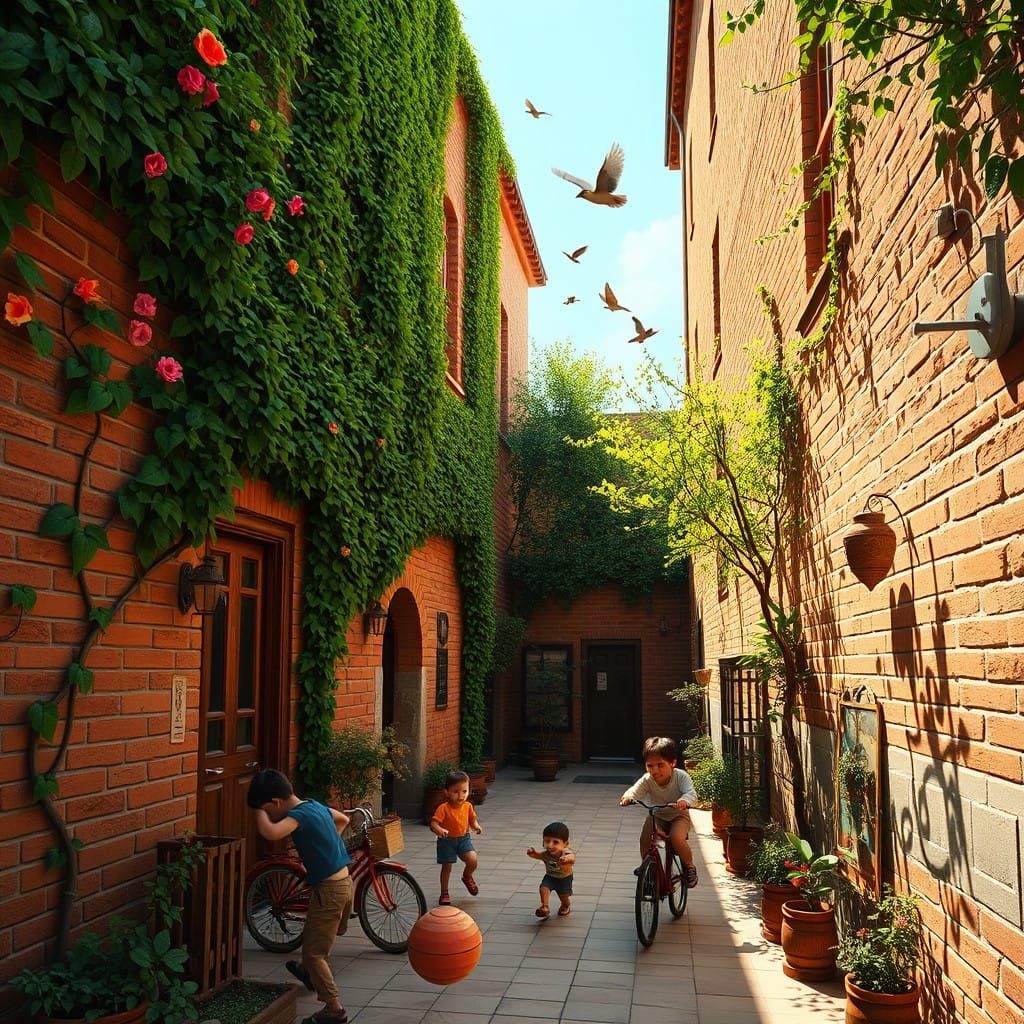 A Lush Bijari Courtyard Scene in Whimsical Art Style