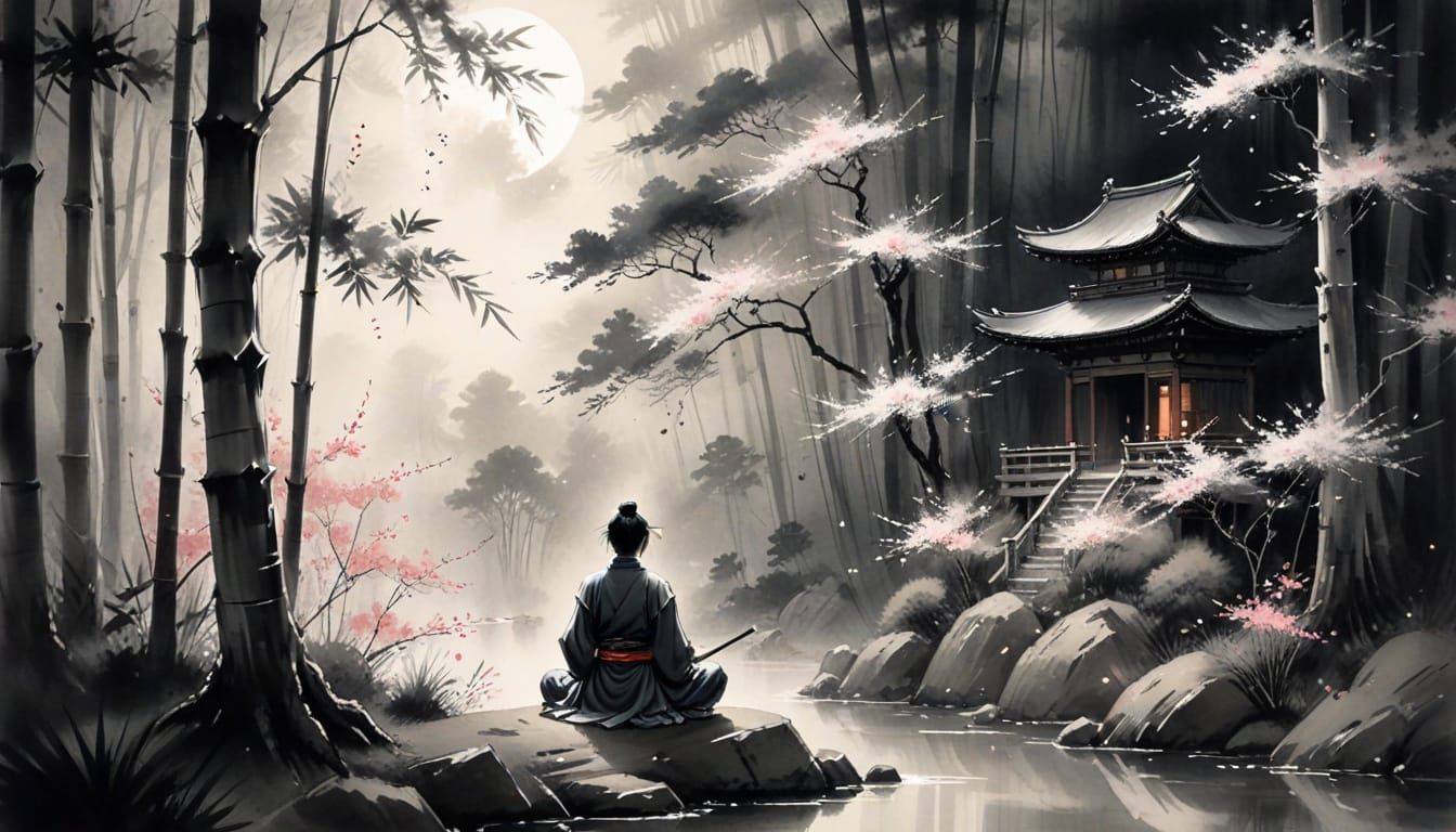 Spectral Samurai Meditating by Ancient Shrine in Bamboo Fore...