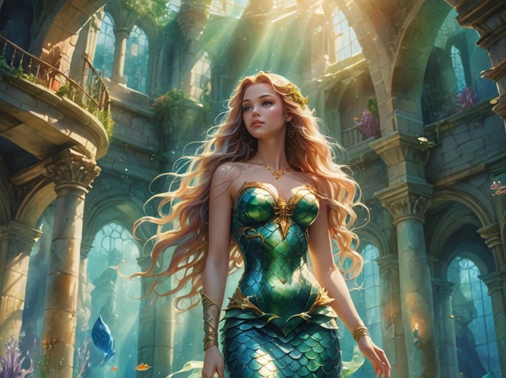 Radiant Mermaid Goddess in Underwater Castle Watercolor
