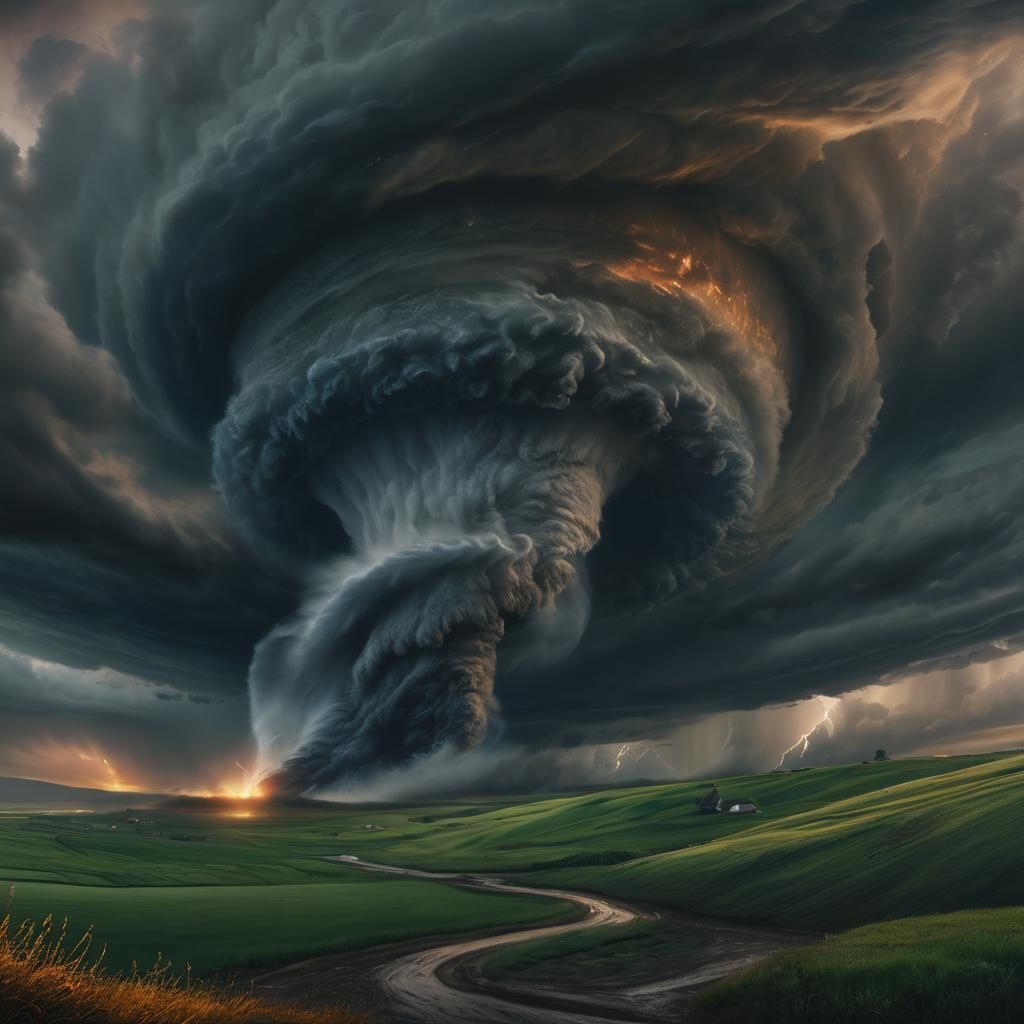 Massive, dark tornado twisting ominously from the stormy sky toward the ground, tearing up the earth as it makes contact...