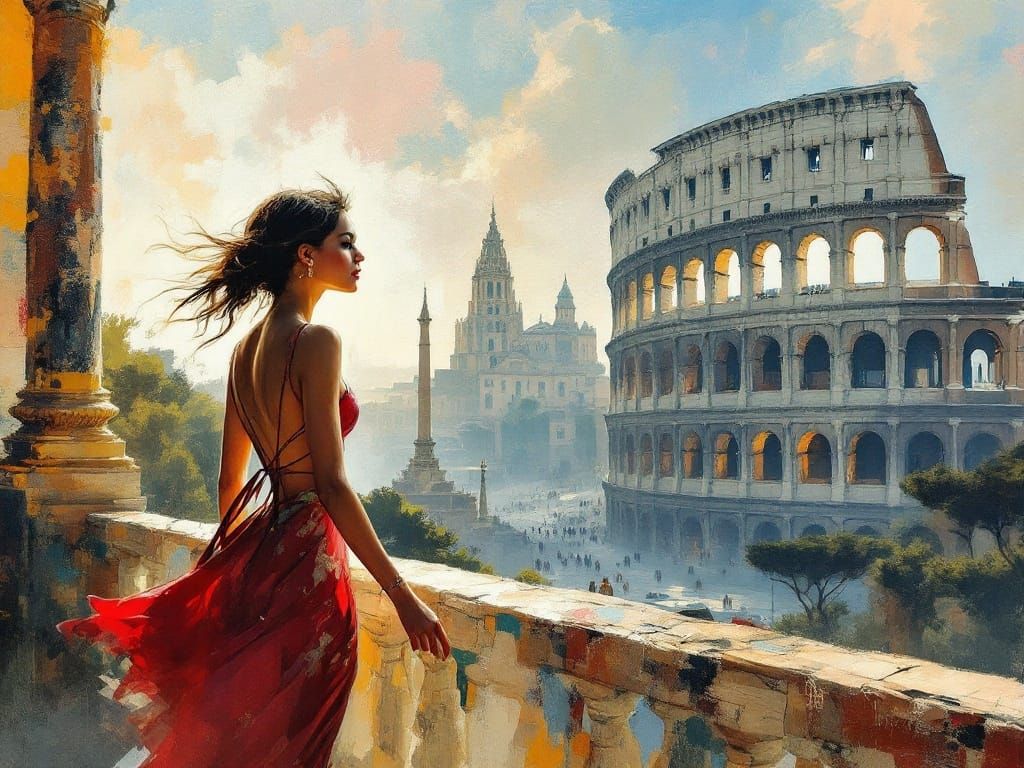 A Pin-Up Italian Woman Amidst Ancient Ruins, in a Vibrant En...