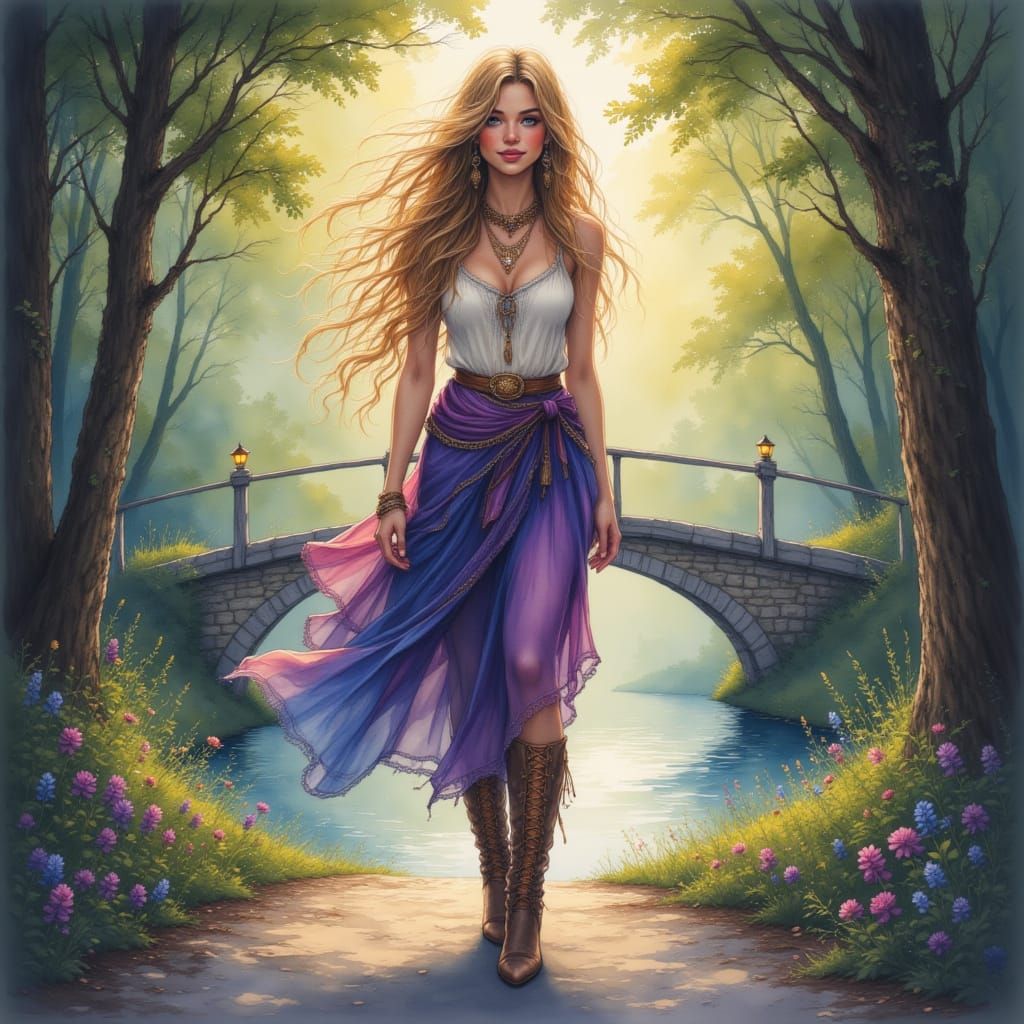Ethereal Fantasy Woman on Road, Fairytale Illustration