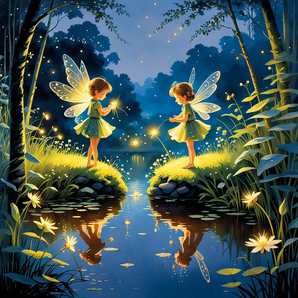 Flower Fairies Admire Fireflies by Pond, Intricate Detail