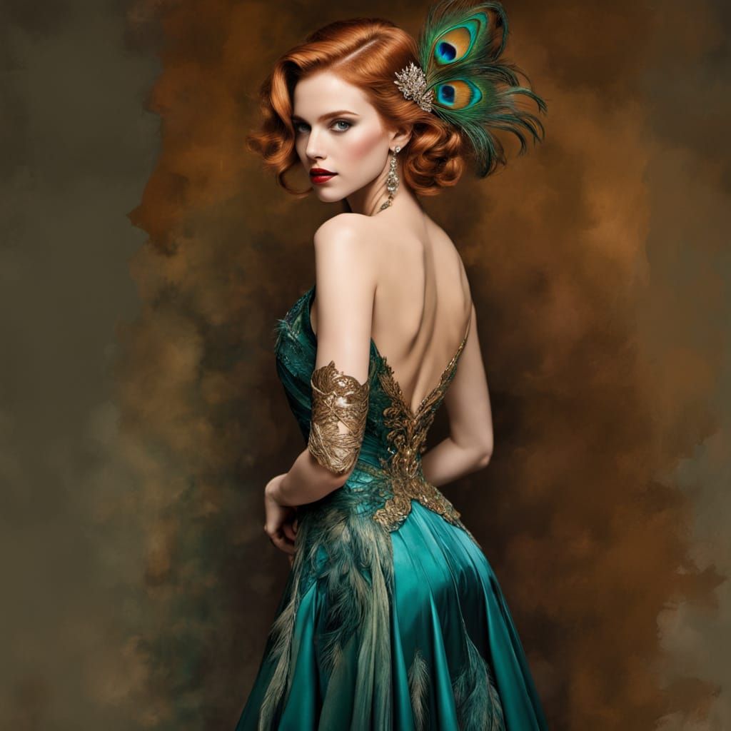 Old Hollywood Goddess in Art-Deco Peacock Gown