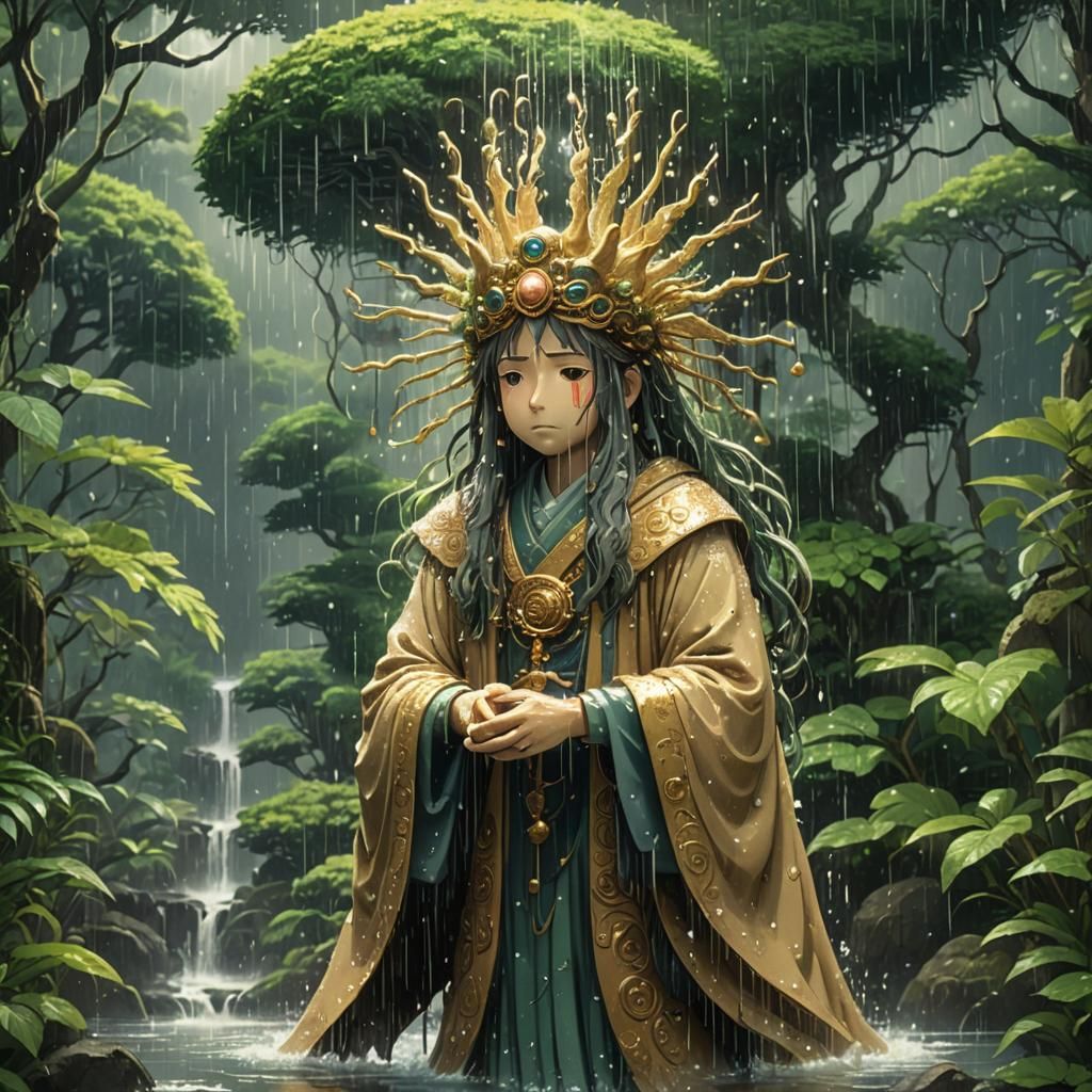 Deity in Rainy Ghibli Landscape: AI Generated Image