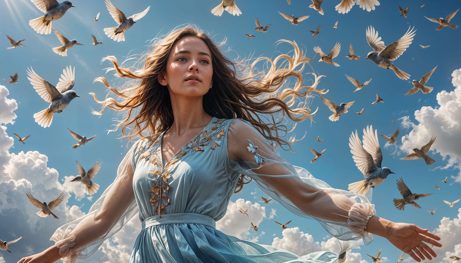Woman Gliding in Blue Sky with Songbirds