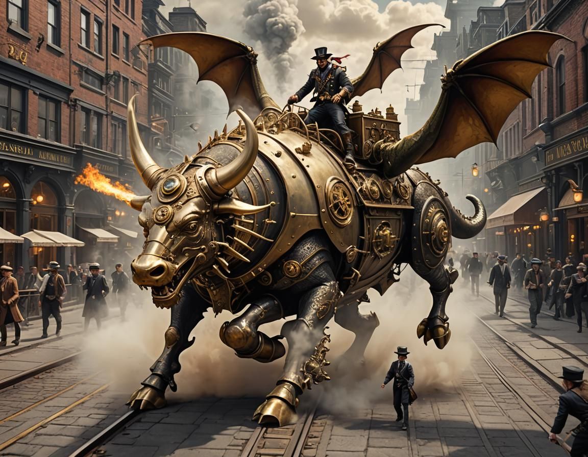 Steampunk Bull Versus Dragon in Victorian City