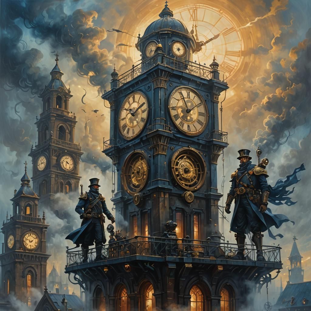Steampunk Guardians Watch Over Clock Tower at Dawn