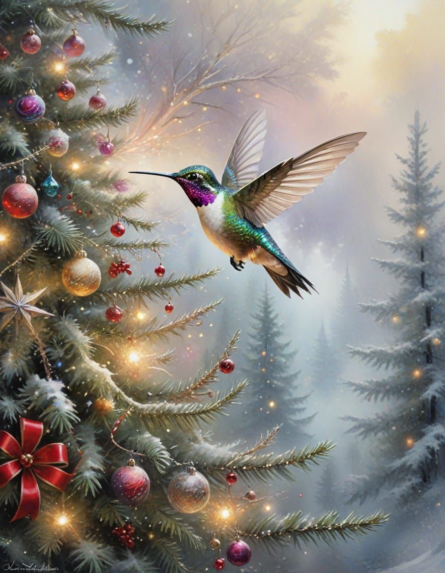 Hummingbird Near Christmas Tree in Watercolour and Ink