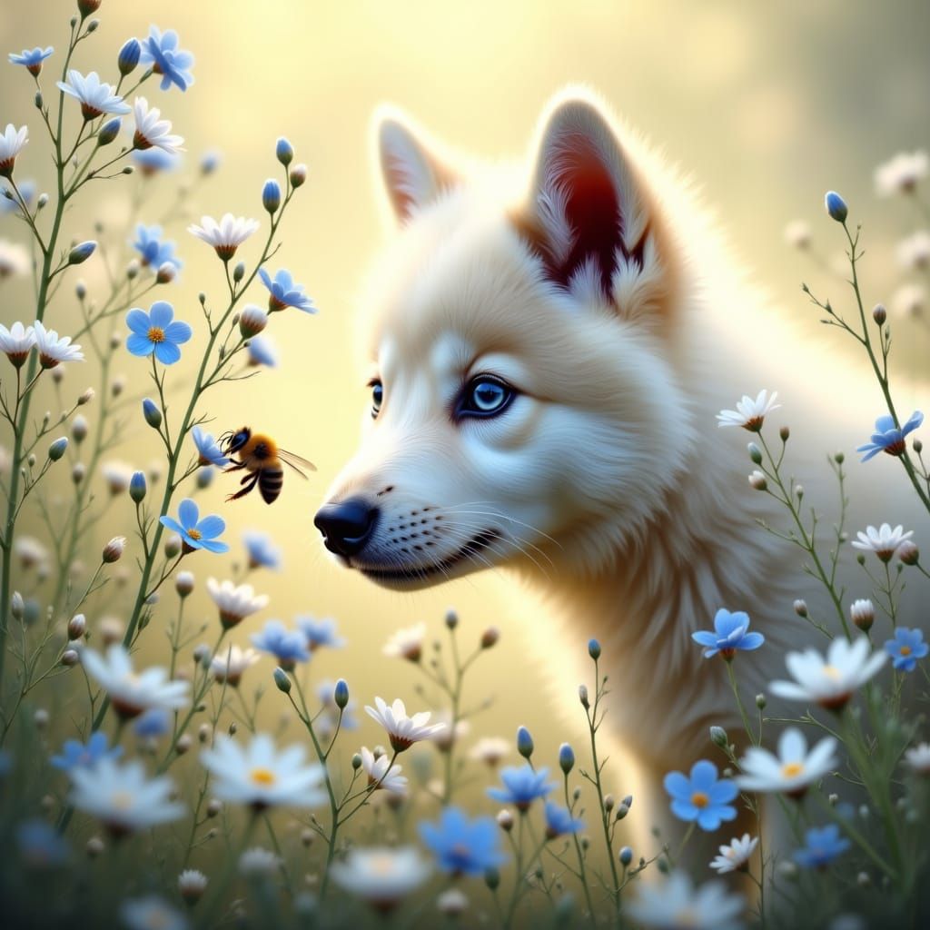 White Wolf Pup Explores Vibrant Spring Wildflower Meadow