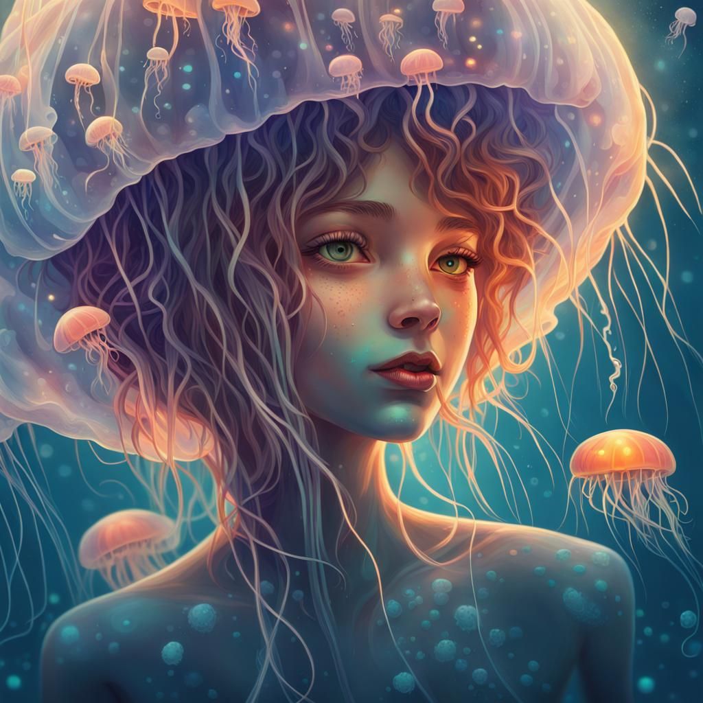 Glowing Jellyfish Girl in the Sea