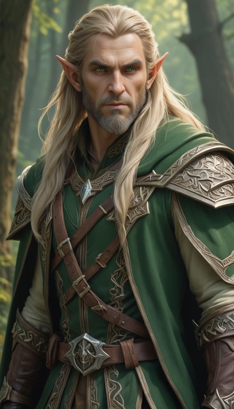 Wood-Elf Ranger in Forest, Fantasy Art