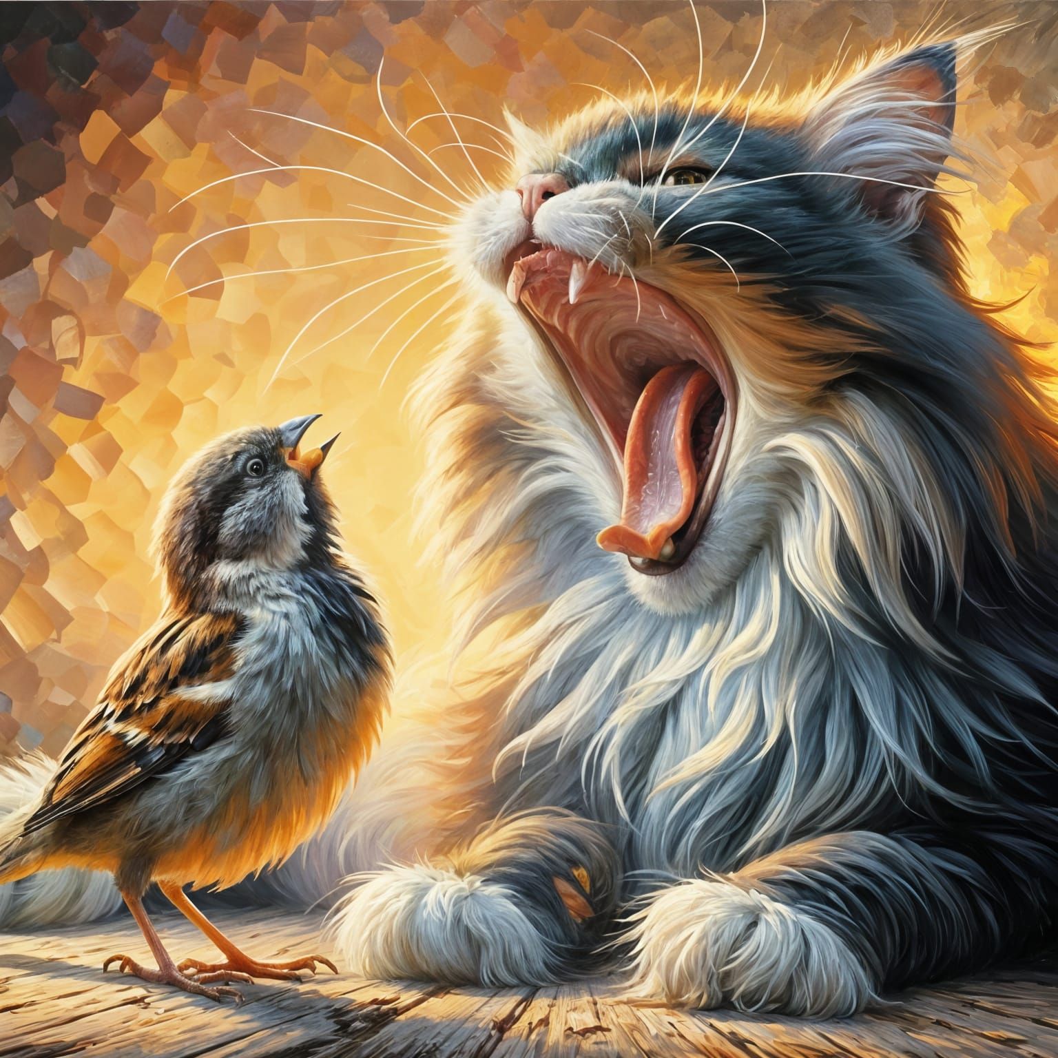 Playful Cat and Sparrow in Impressionistic Oil Painting