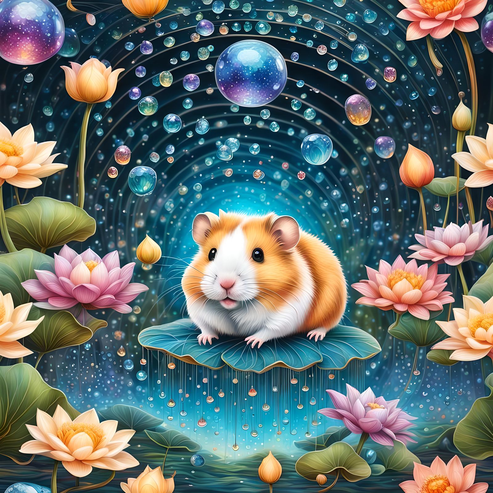 Hamster with Lotus Flowers and Dazzling Dew Drops