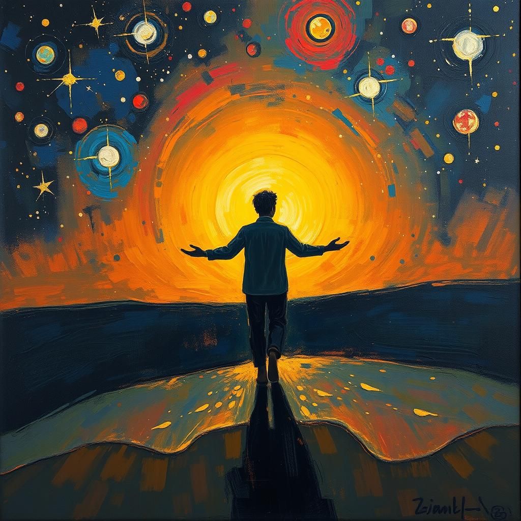Starry Horizon: Expressionist Figure in a Vibrant Cosmos