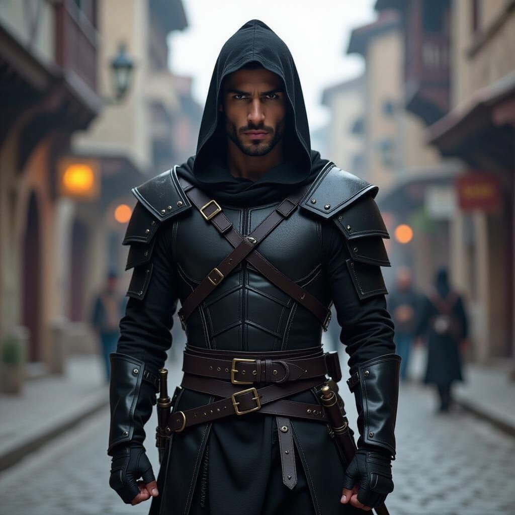 Medieval City Assassin in Black Leather Armor