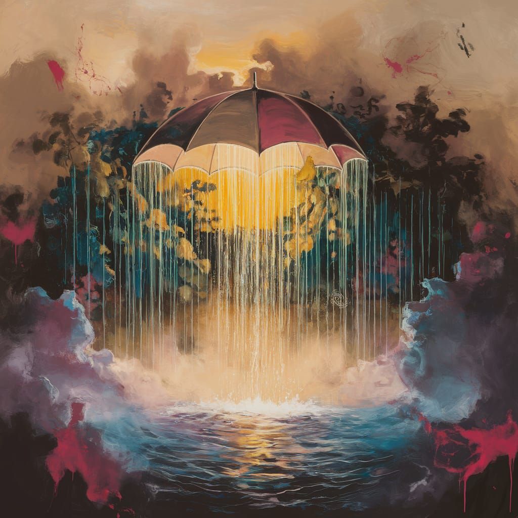 Impressionist Gouache: Umbrella Waterfall at Dawn