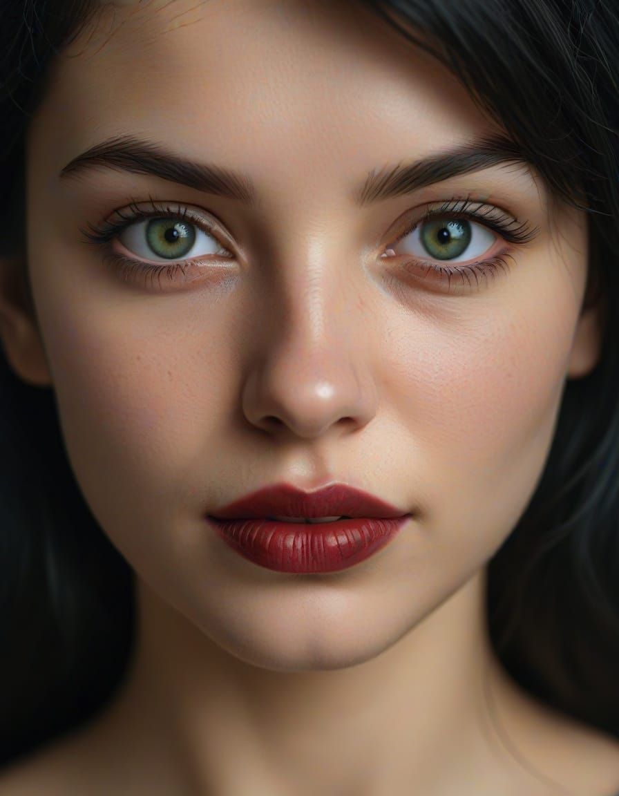 Detailed Portrait of Woman with Heterochromia and Red Lipsti...