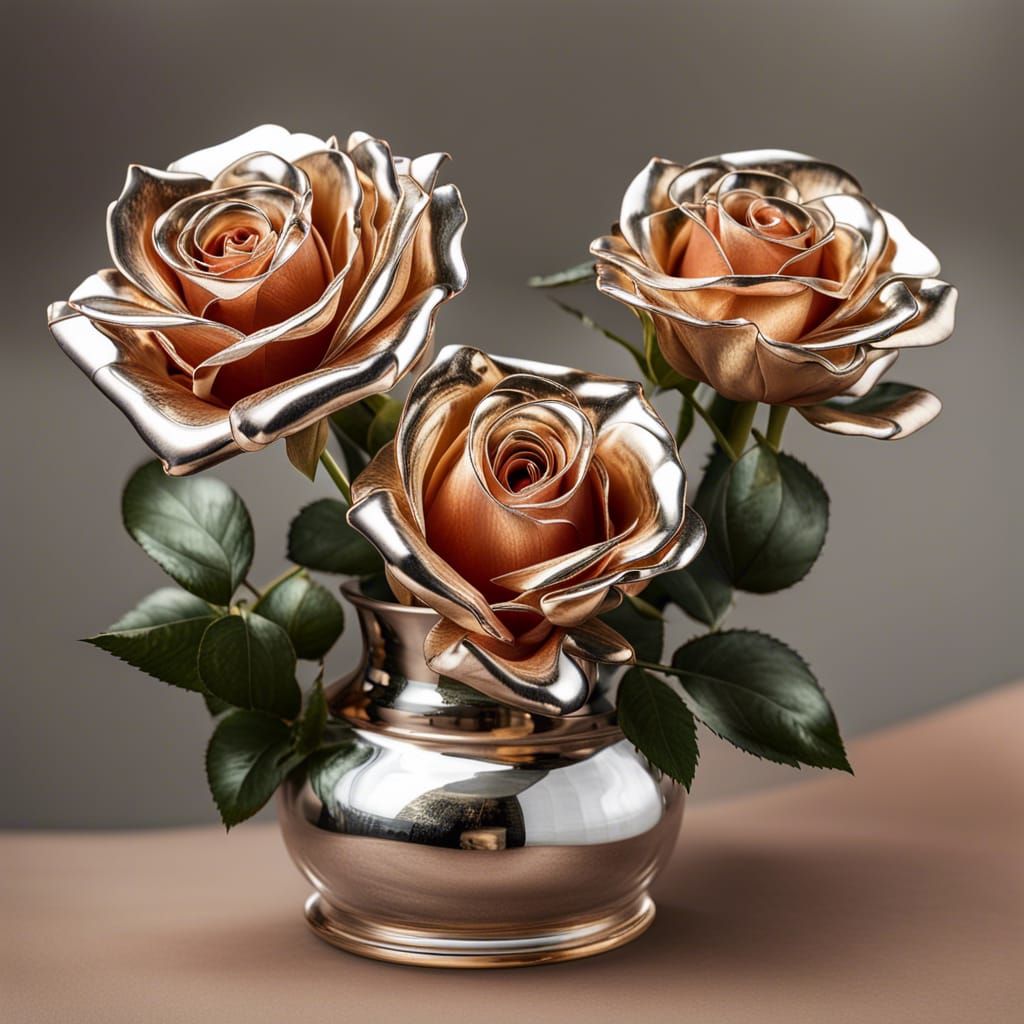 Metallic Roses in Glass Vase: Digital Rendering