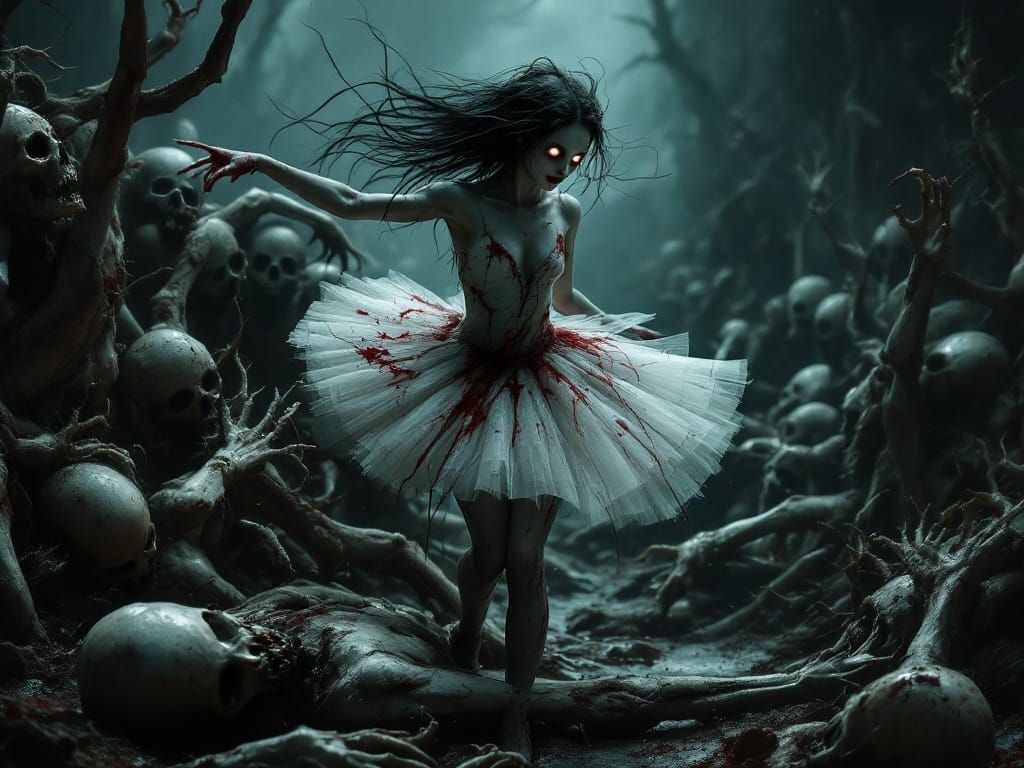Gothic Ballerina Dances Amidst Twisted Corpses in Dark Surre...