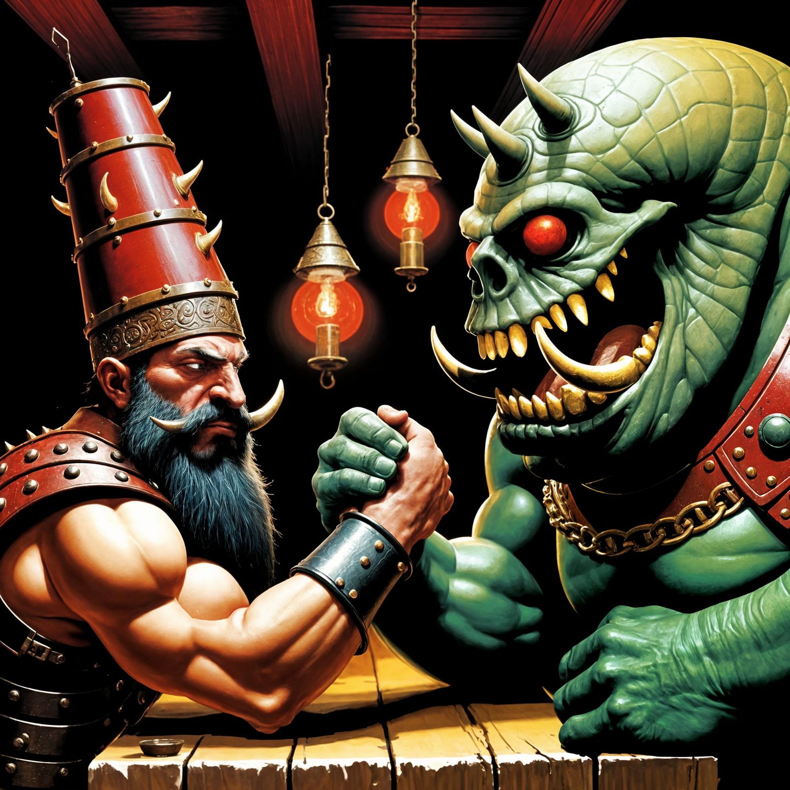 Chaos Dwarf Armwrestling Nurgle Creature in Dark Fantasy Bar