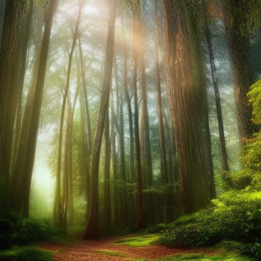 Enchanted Forest Realm at Sunset: Hyperrealistic Concept Art