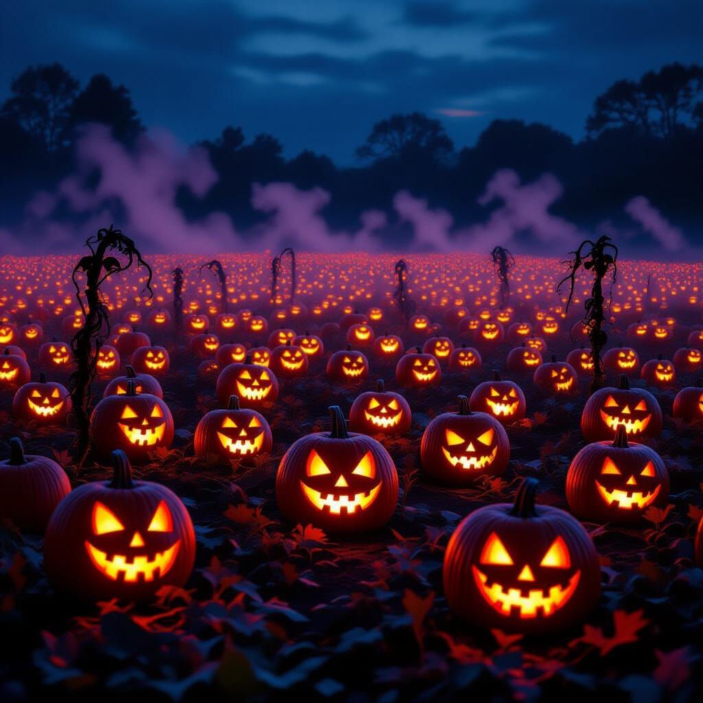 Glowing Pumpkin Patch at Night