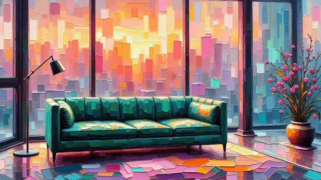 Emerald Sofa in Sunset Light: An Impressionistic Interior
