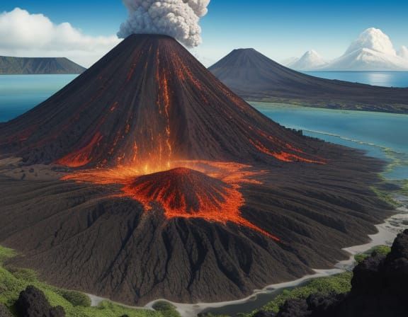 Volcanic Eruption on Tropical Island in Pop Art Style