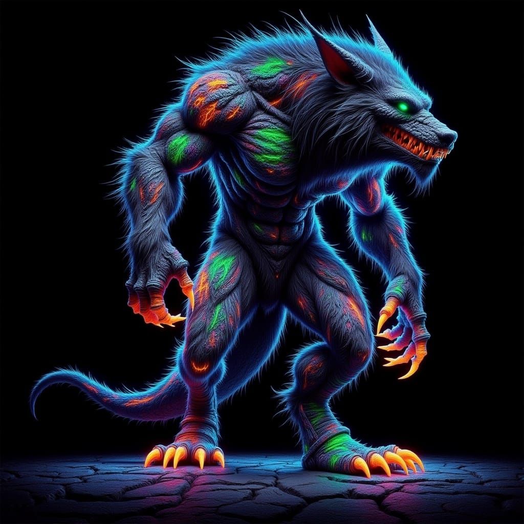 Fearsome Half-Human Wolf Creature in Fluorescent Light