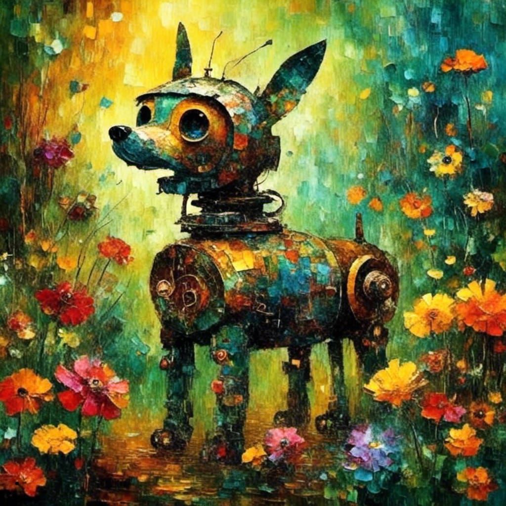 Robot Dog in Flower Garden Digital Art