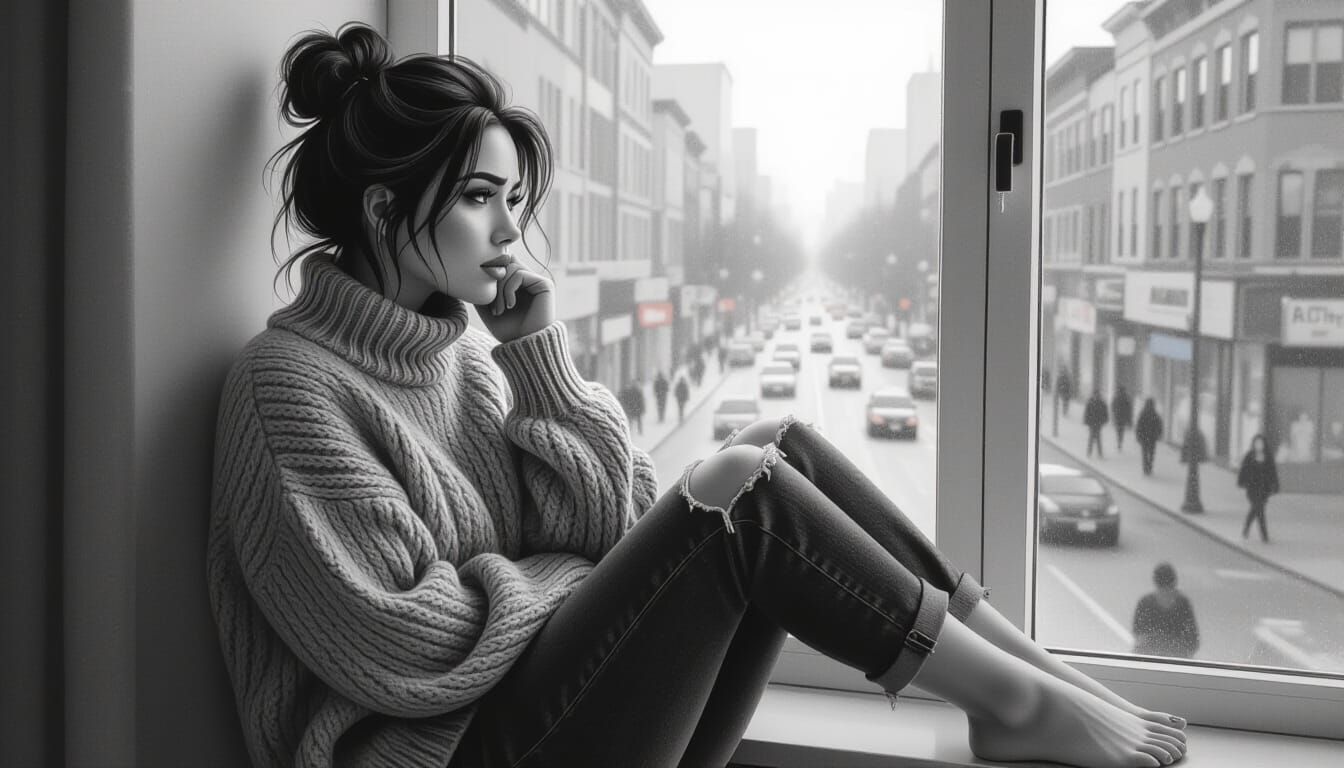 Grayscale Pencil Sketch of a Woman by Window